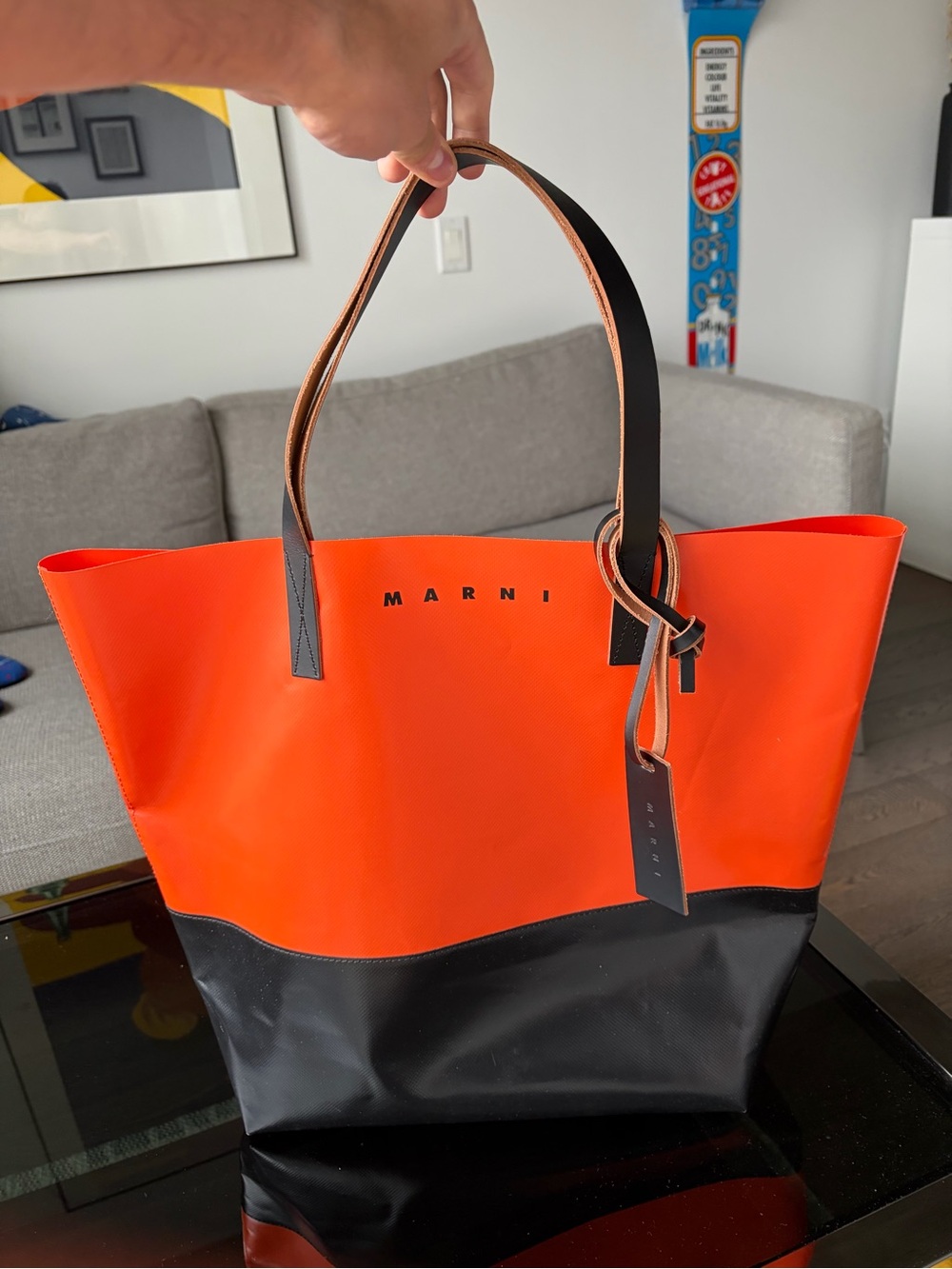 Marni Tag Bag - Two-Tone Orange Black, PVC Leather Large Tote from Japan